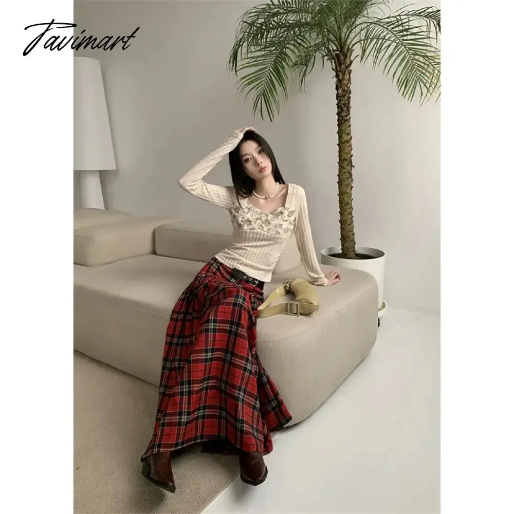 TAVIMART  -  Casual Beige Tees Slim Puff Sleeve Women Square Collar Crop Top Spring Winter Lace T-Shirts 2000s Aesthetic French Preppy Style