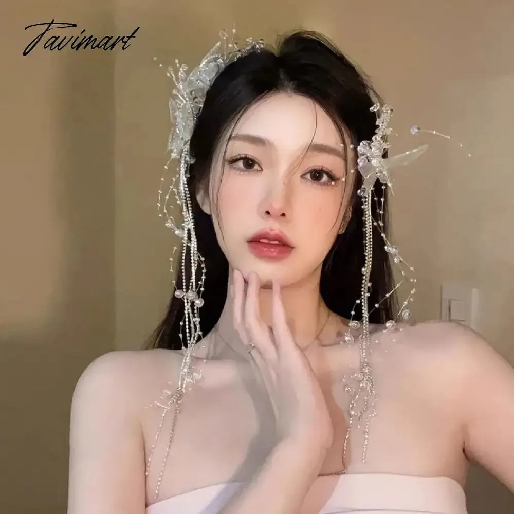 TAVIMART Crystal Hairpin Butterfly Tassel Pair Clip Korean Bridal Headdress Women Hair Decoration Wedding Hair Accessories Headwear