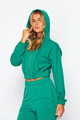 Teal Green French Terry Cropped Zip-up Hoodie Jogger Set