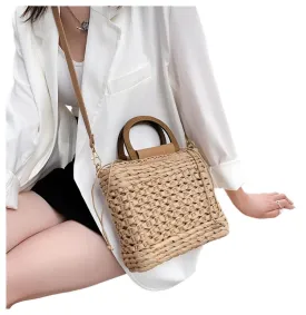 TEEK - Straw Drawstring Closure Wooden Handle Shoulder Bag