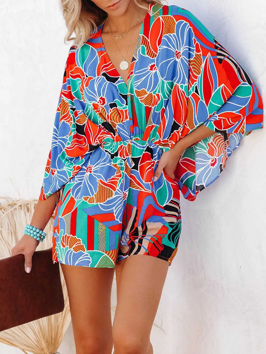 TEEK - Tied Printed Kimono Sleeve Romper