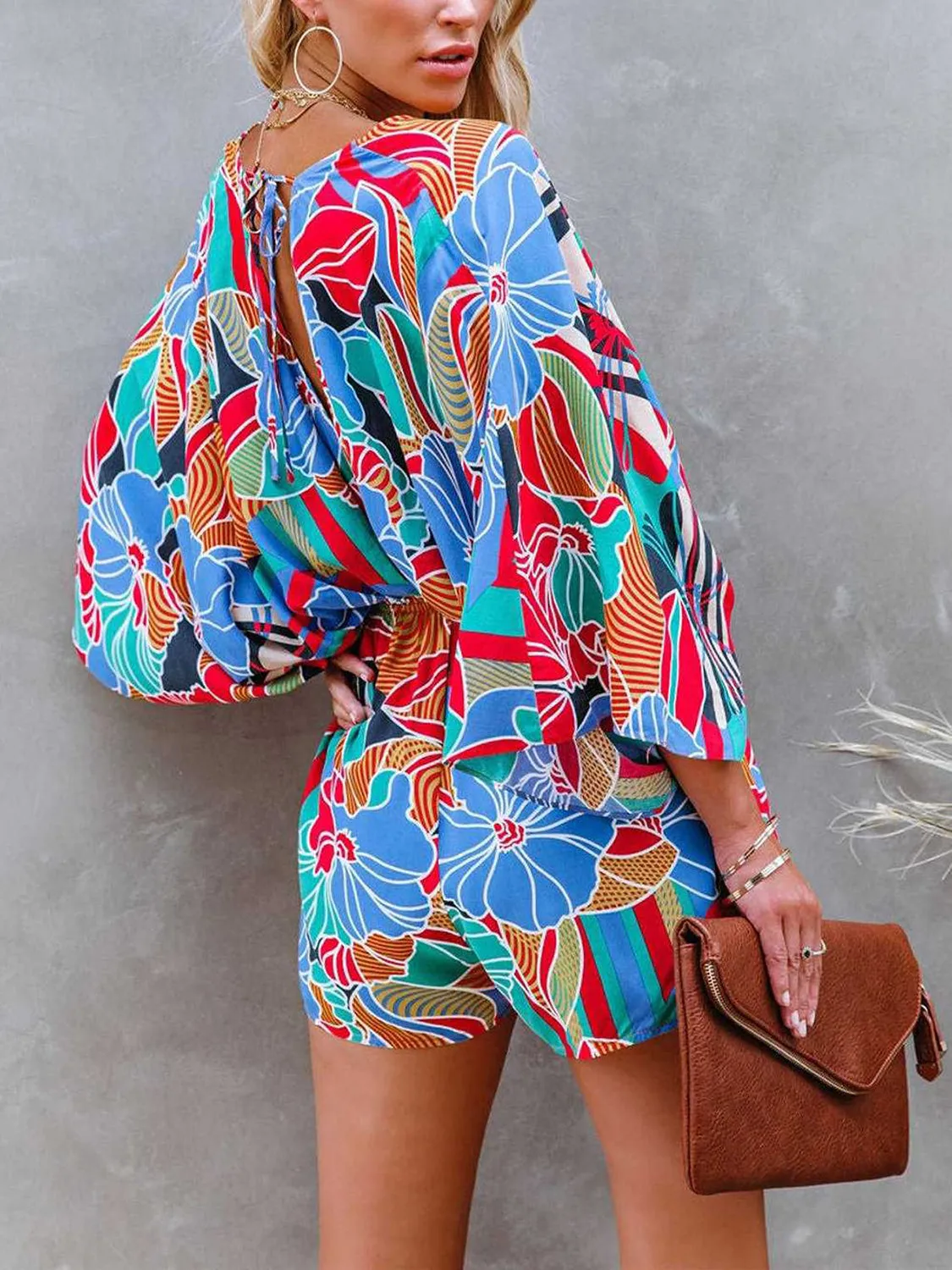 TEEK - Tied Printed Kimono Sleeve Romper