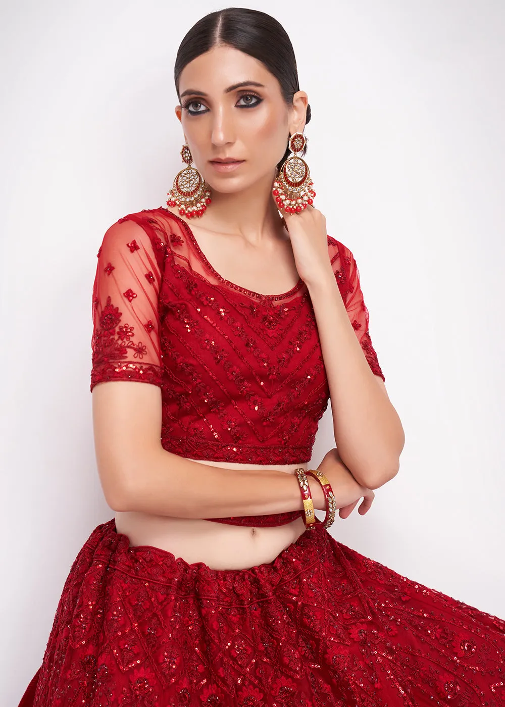 Tempting Cherry Red Cording Designer Wedding Bridal Lehenga Choli