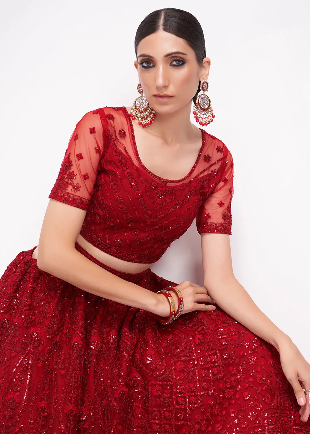 Tempting Cherry Red Cording Designer Wedding Bridal Lehenga Choli