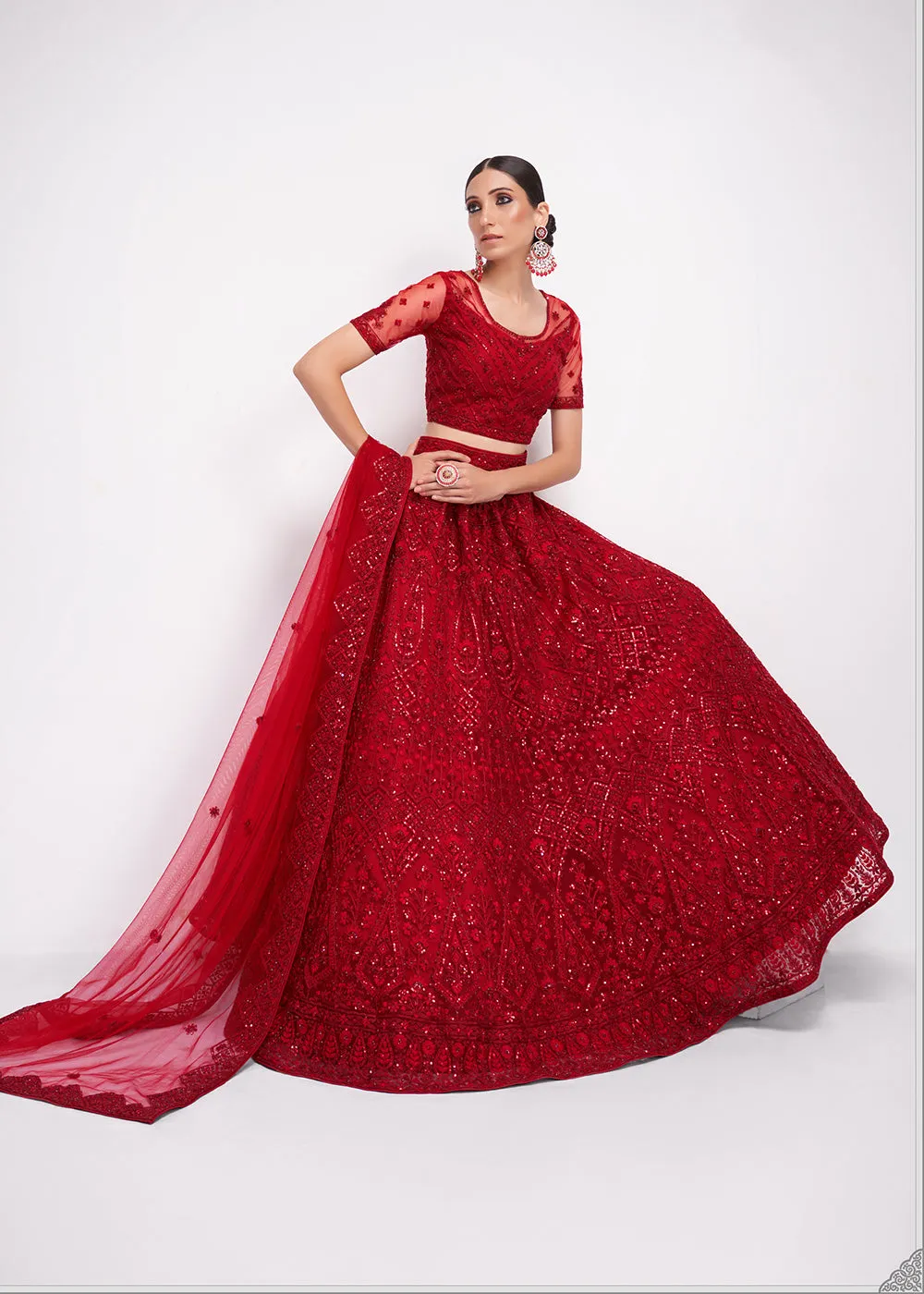 Tempting Cherry Red Cording Designer Wedding Bridal Lehenga Choli