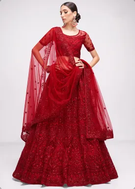 Tempting Cherry Red Cording Designer Wedding Bridal Lehenga Choli