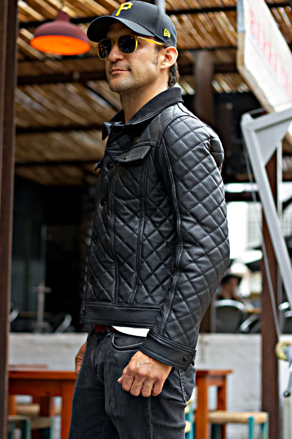 TENNESSEE AX Fancy Trucker Jacket in Black Quilted Leather - Black Collar