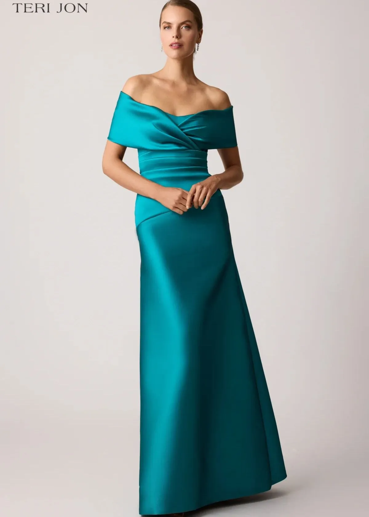 TERI JON Stretch Mikado Off Shoulder Ruched Gown - Teal