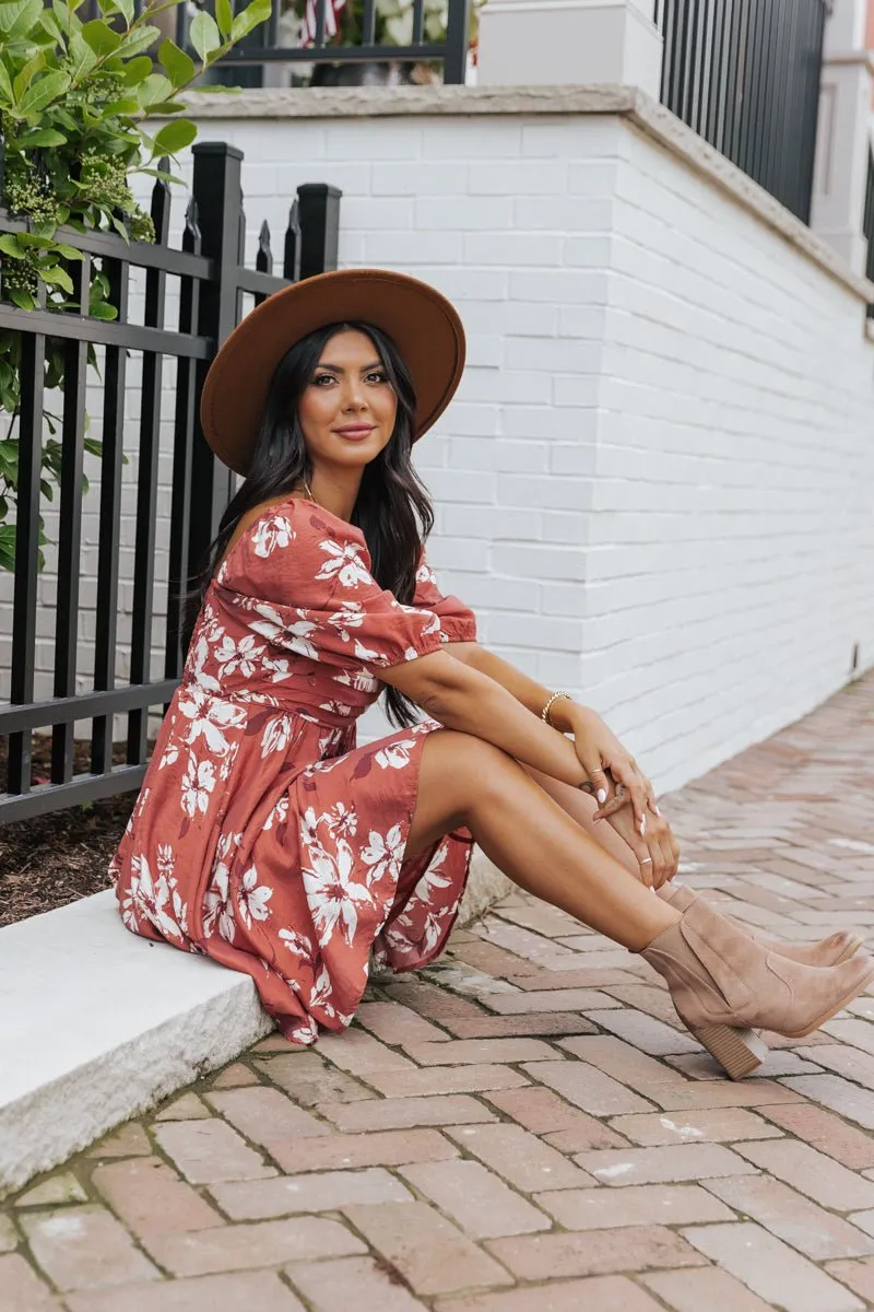 Terracotta Floral Print Pleated Mini Dress - FINAL SALE