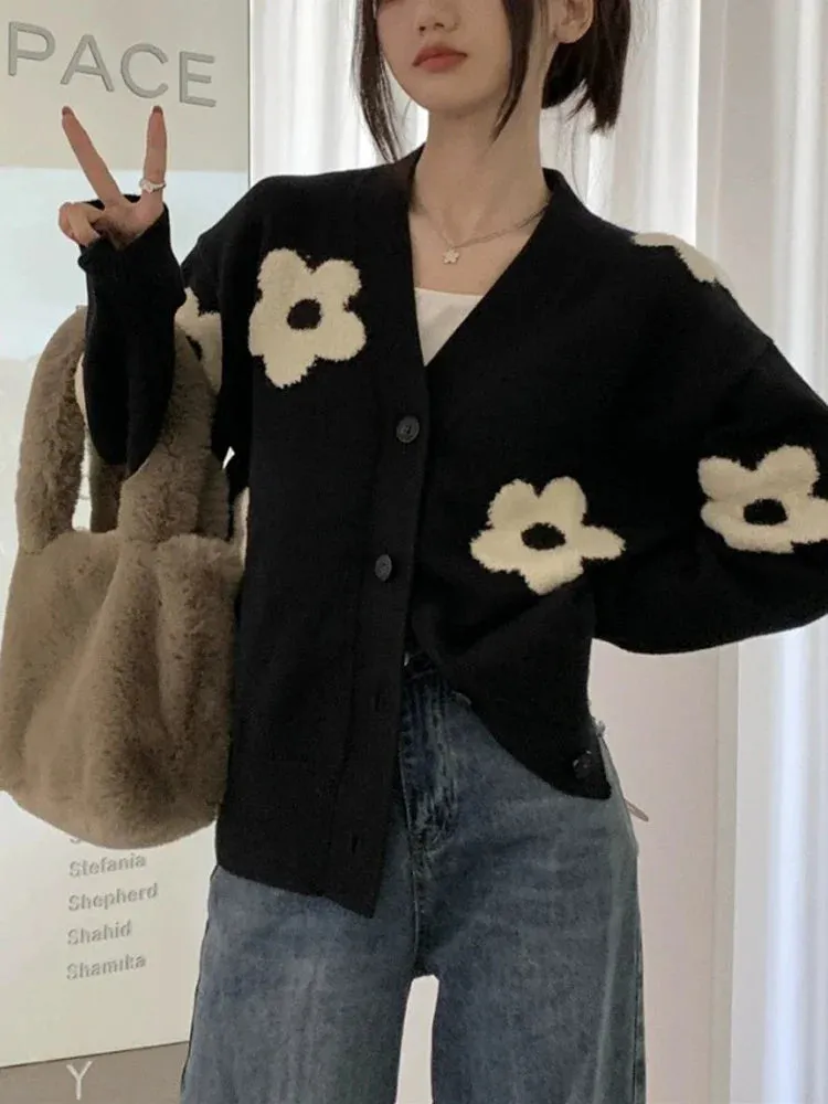 Territory Floral Cardigan Women Autumn Winter Knitted Sweater Female Korean Preppy Style Coat Ladies Casual Loose Cardigans Streetwear