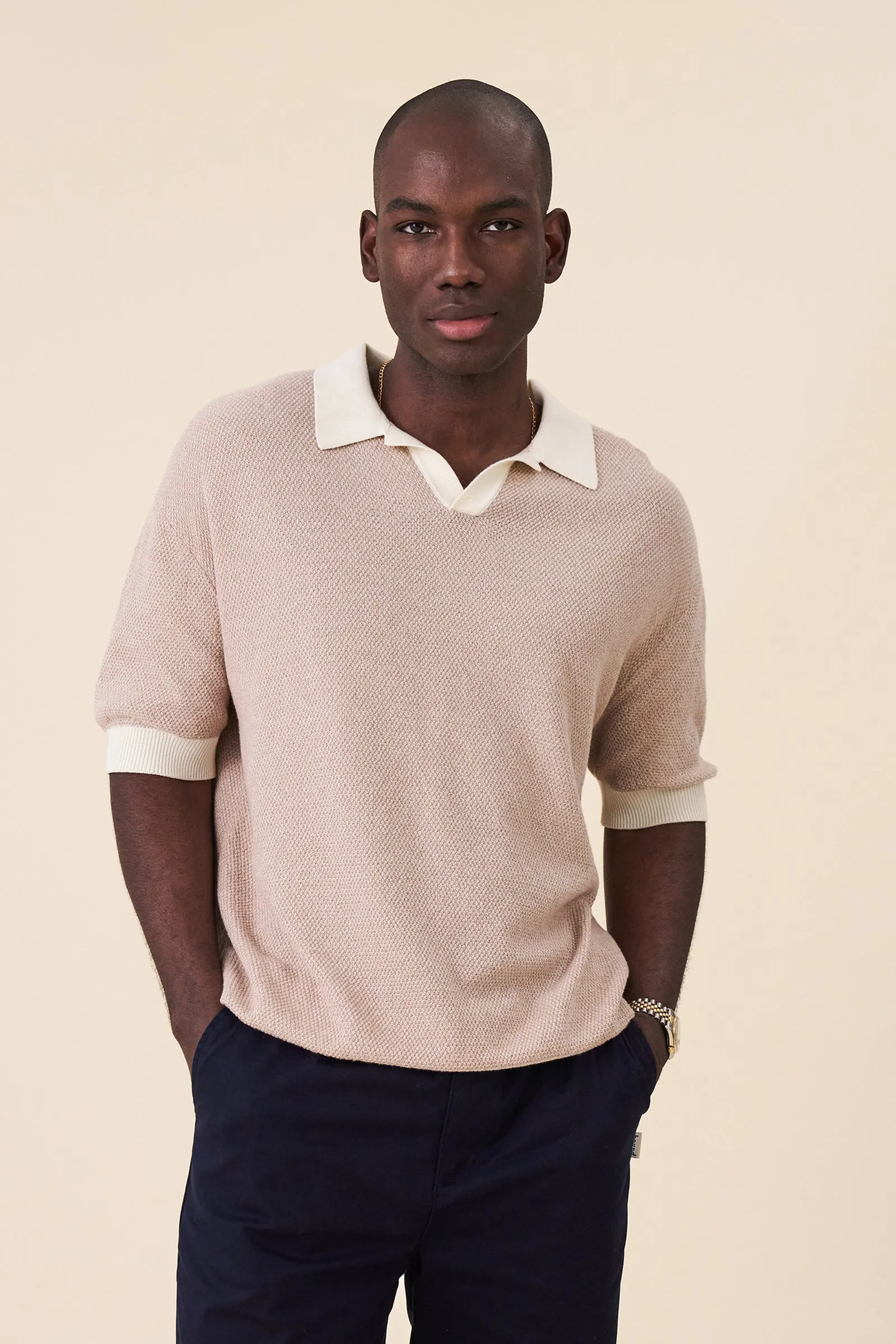 TEXTURED KNIT POLO - OATMEAL