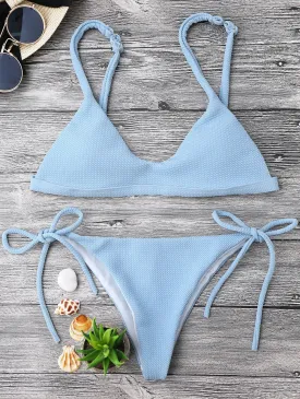 Textured Tie Side String Scoop Bikini Set