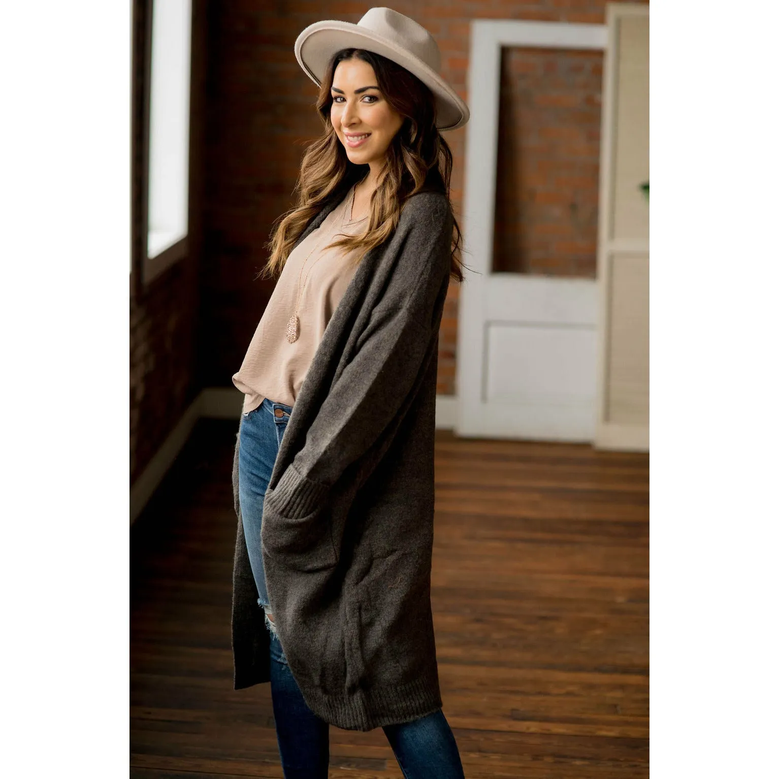 Textured Trim Tunic Pocket Cardigan