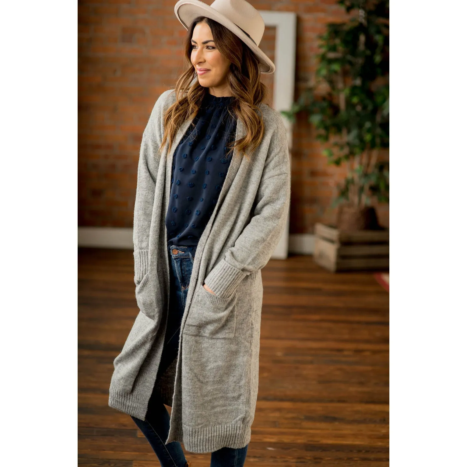 Textured Trim Tunic Pocket Cardigan