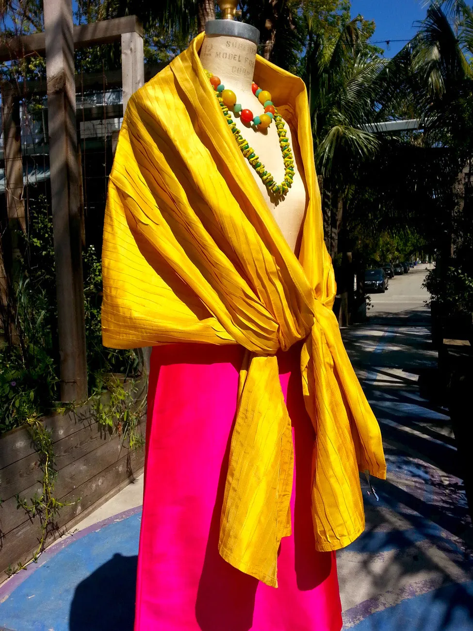 Thai Silk Pintuck Pleated Shawl Mustard