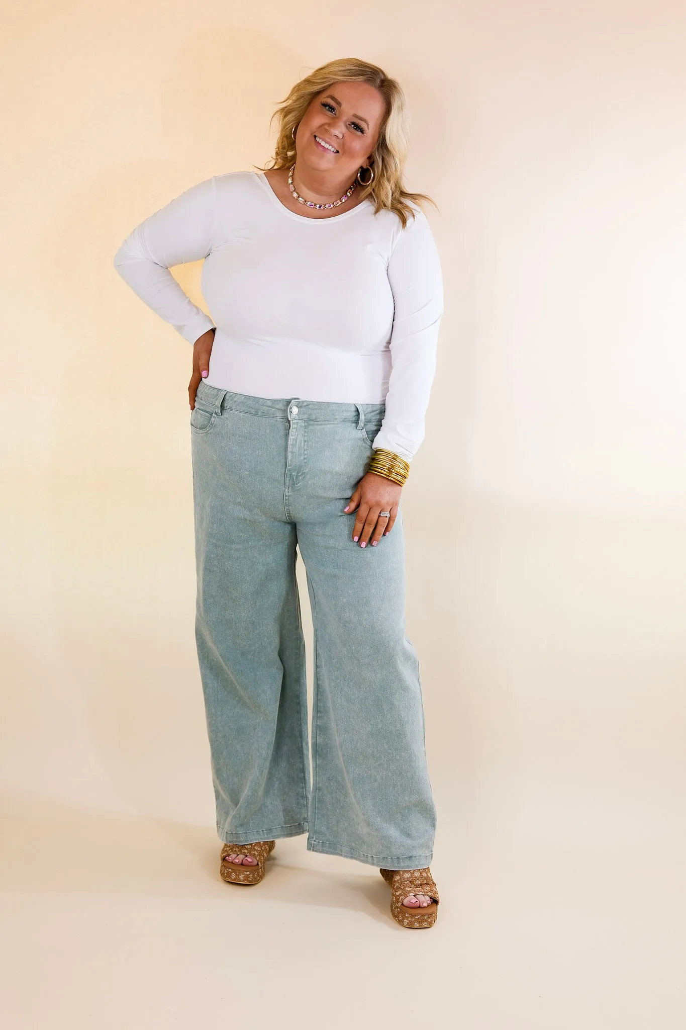 The Best Cropped Wide Leg Jeans in Seafoam Green