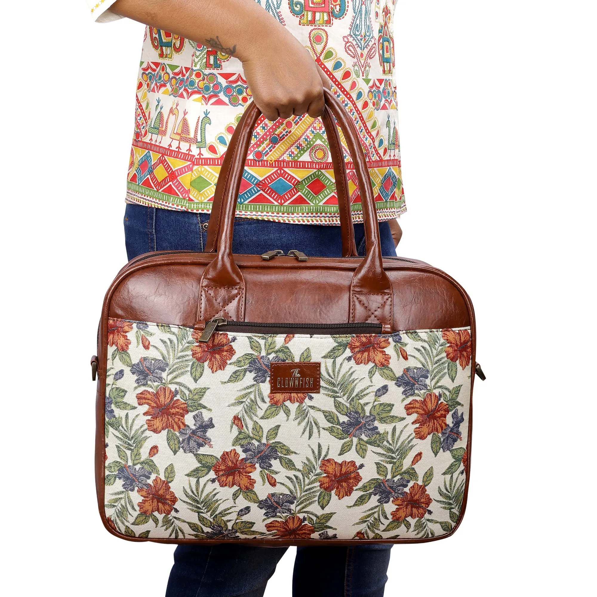 THE CLOWNFISH Deborah series 15.6 inch Laptop Bag For Women Tapestry Fabric & Faux Leather Office Bag Briefcase Messenger Sling Handbag Business Bag (Maroon-Floral)