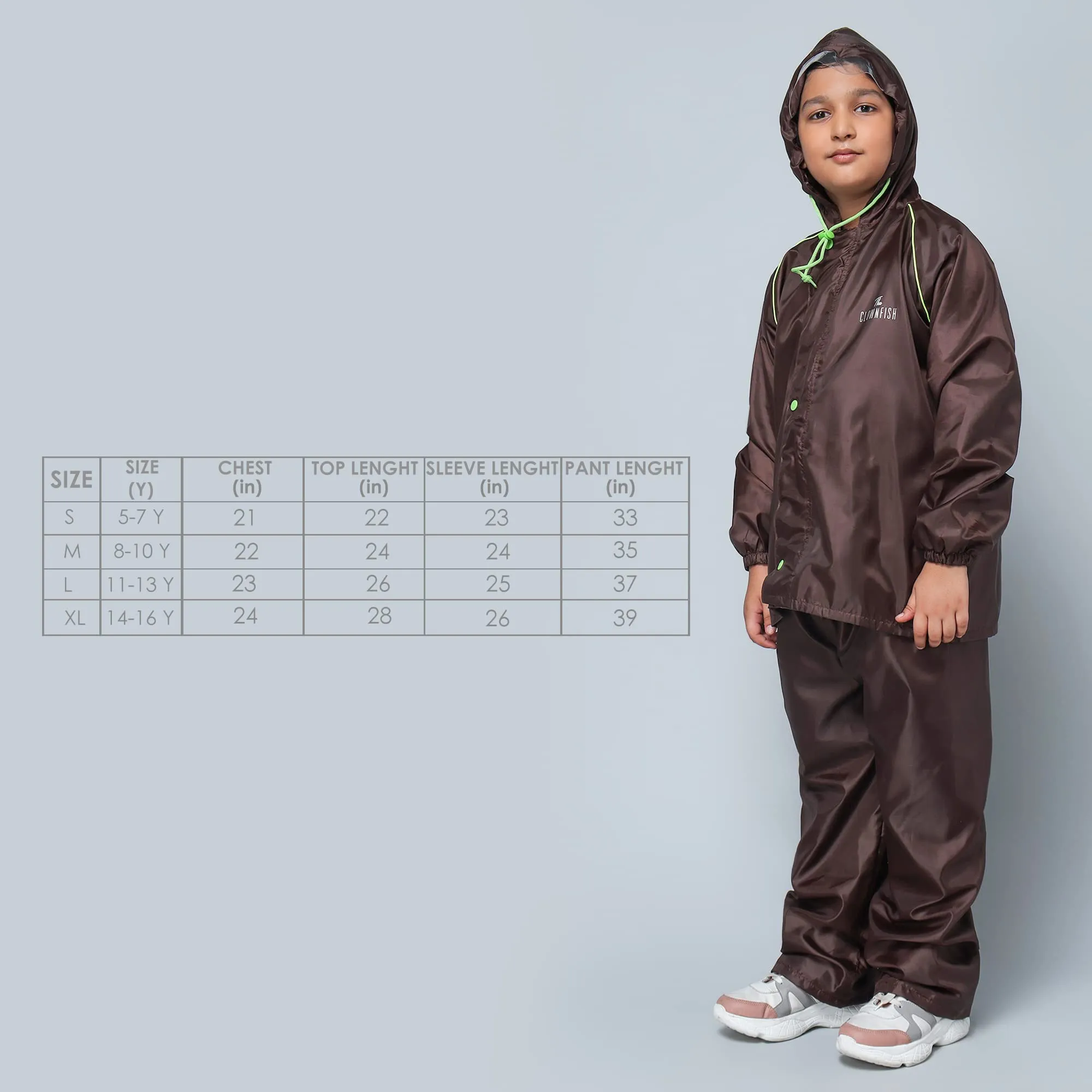 THE CLOWNFISH Duke Series Kid's Waterproof Polyester Double Coating Reversible Standard Length Raincoat With Hood & Reflector Logo At Back, Top & Bottom Printed Plastic Pouch, 5-7 Years (Brown)