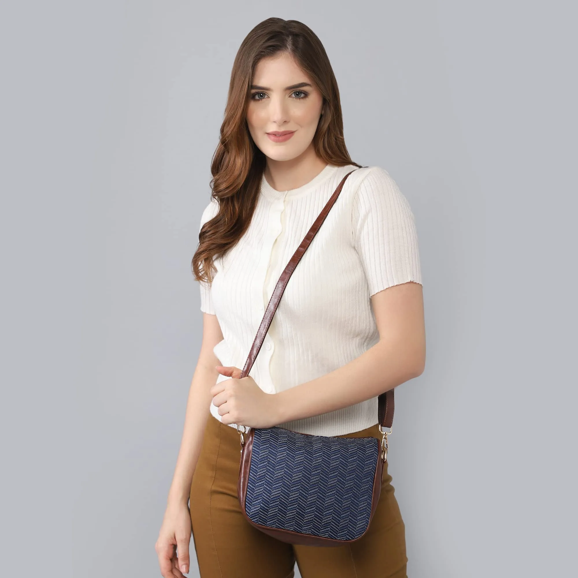 THE CLOWNFISH Garnet Series Printed Handicraft Fabric & Tapestry Crossbody Sling Bag for Women Ladies Single Shoulder Bag Shoulder Belt (Blue-Stripes)