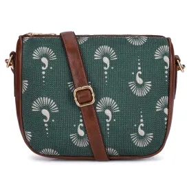 THE CLOWNFISH Garnet Series Printed Handicraft Fabric & Tapestry Crossbody Sling Bag for Women Ladies Single Shoulder Bag Shoulder Belt (Light Green)