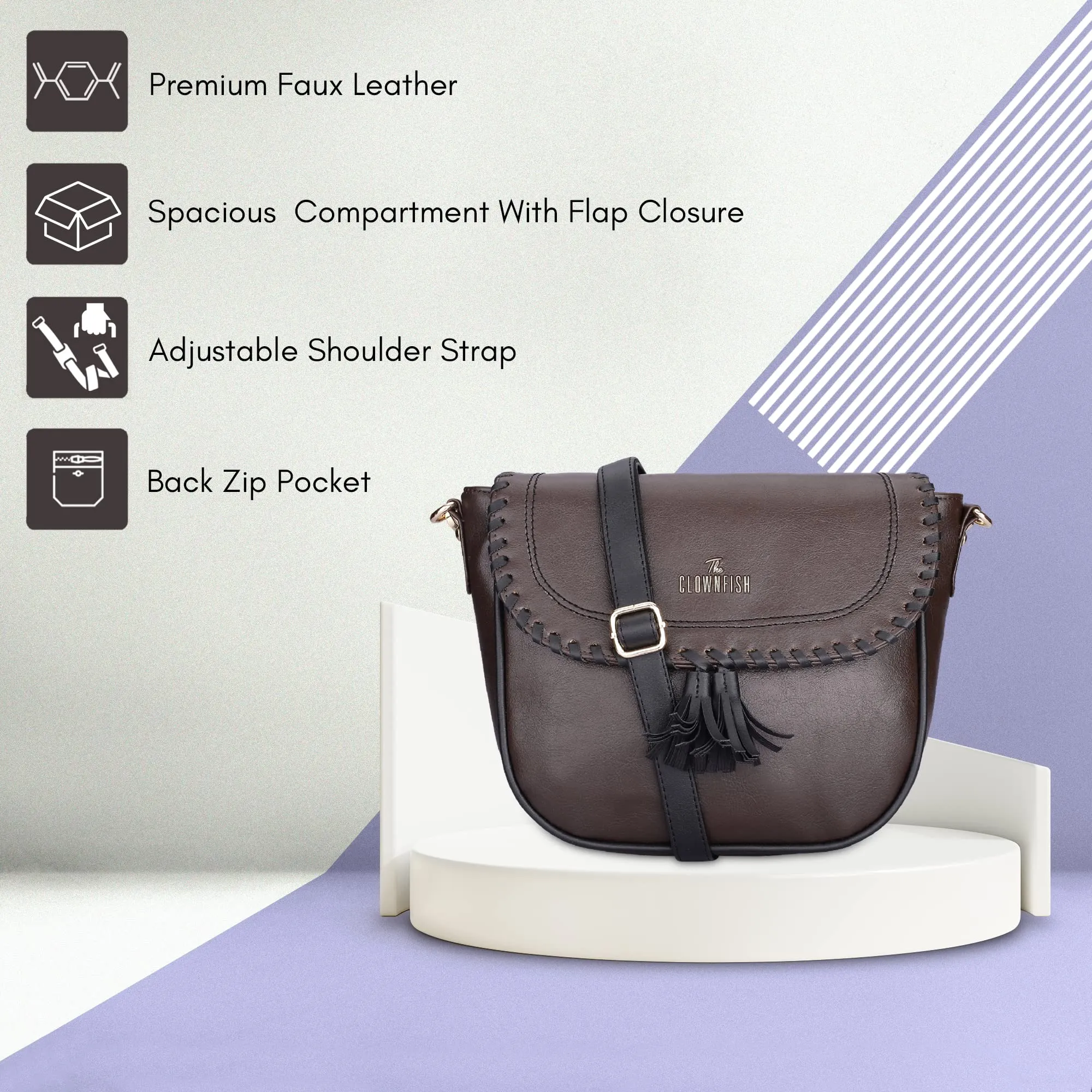 THE CLOWNFISH Rochelle Series Faux Leather Sling Bag for Women Snap Flap Closure Style Casual Single Shoulder Bag For Ladies Crossbody Bag for College Girls (Dark Brown)