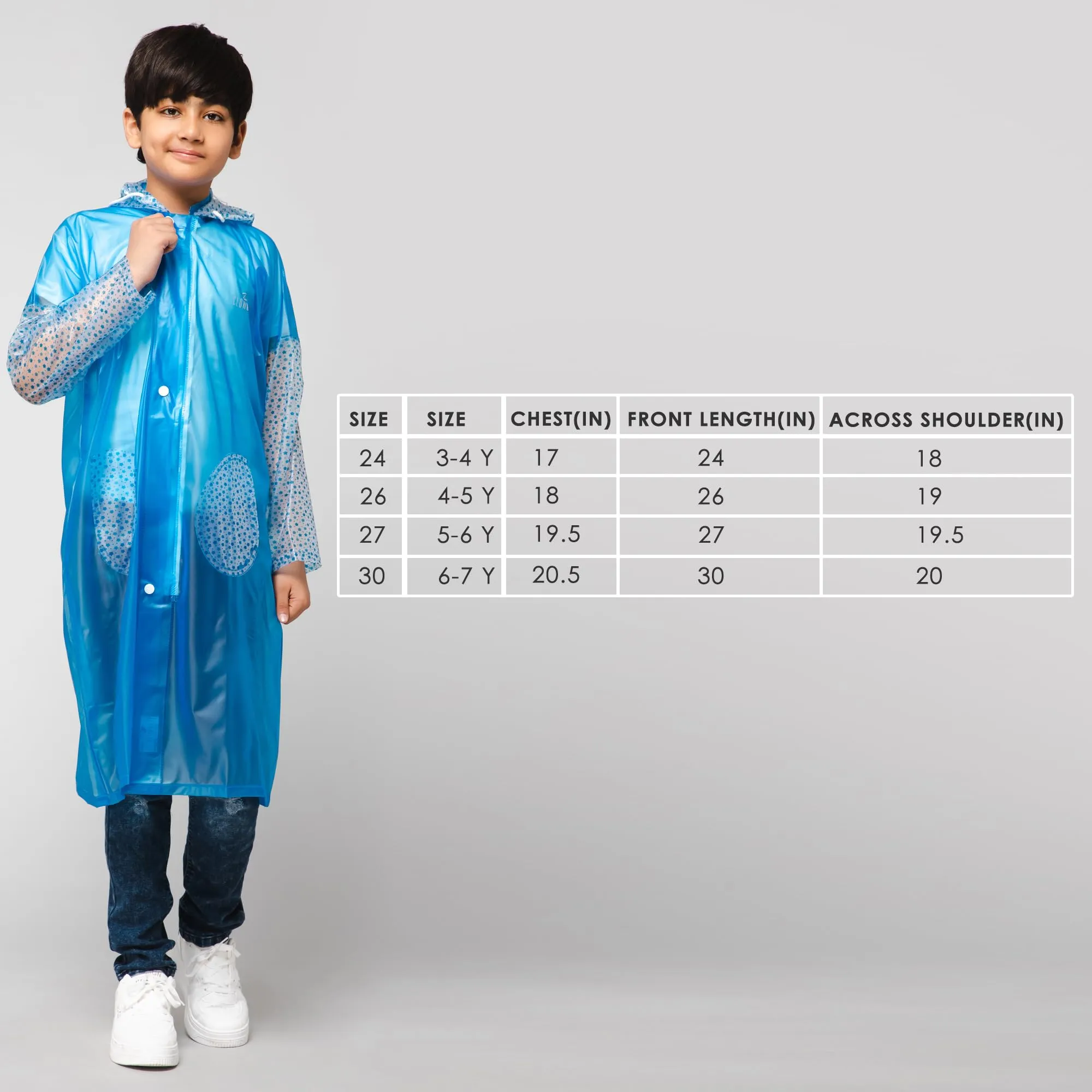 THE CLOWNFISH Shower Saver Series Unisex Kids Waterproof Single Layer PVC Longcoat/Raincoat with Adjustable Hood. Age-3-4 Years (Sky Blue)