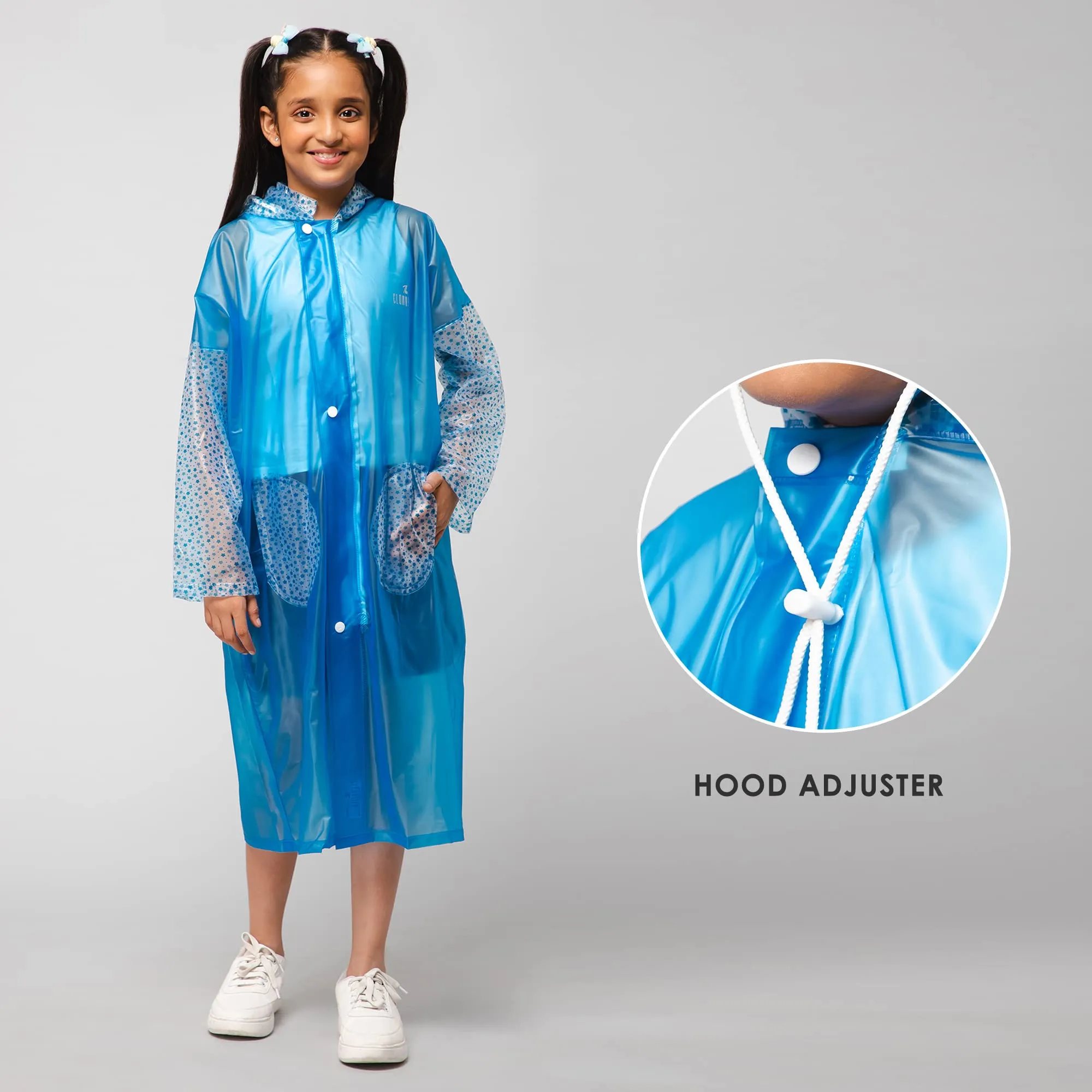 THE CLOWNFISH Shower Saver Series Unisex Kids Waterproof Single Layer PVC Longcoat/Raincoat with Adjustable Hood. Age-3-4 Years (Sky Blue)