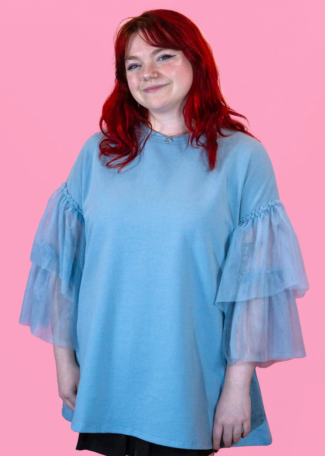 The Edit - Oversized Pastel Blue Tulle Sleeve Top