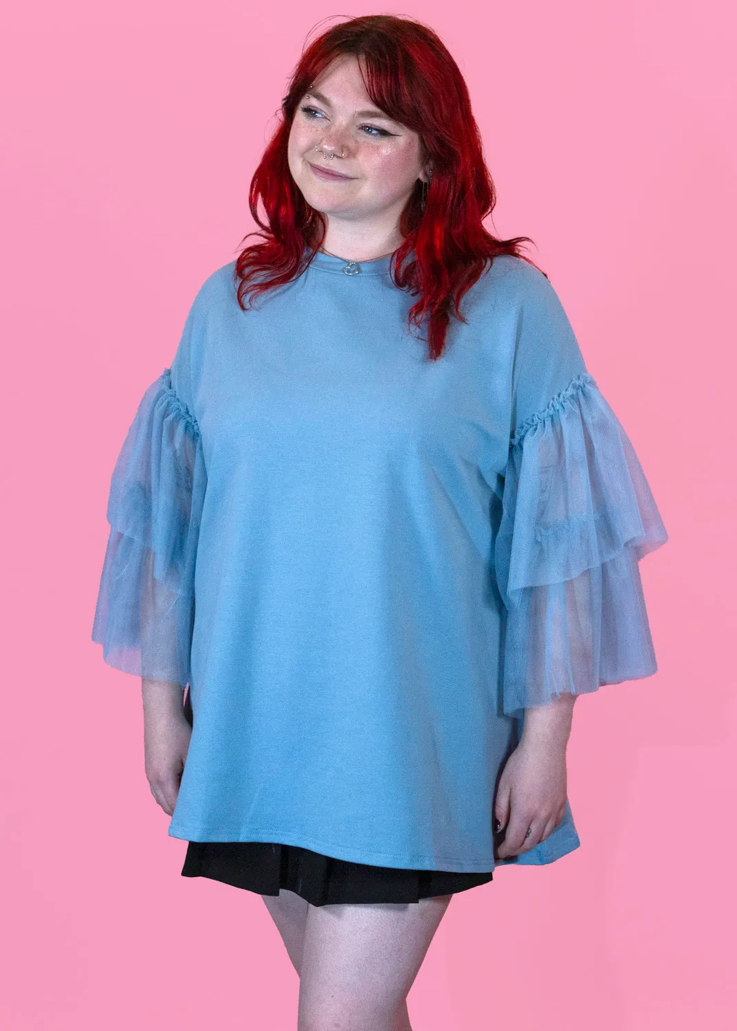 The Edit - Oversized Pastel Blue Tulle Sleeve Top