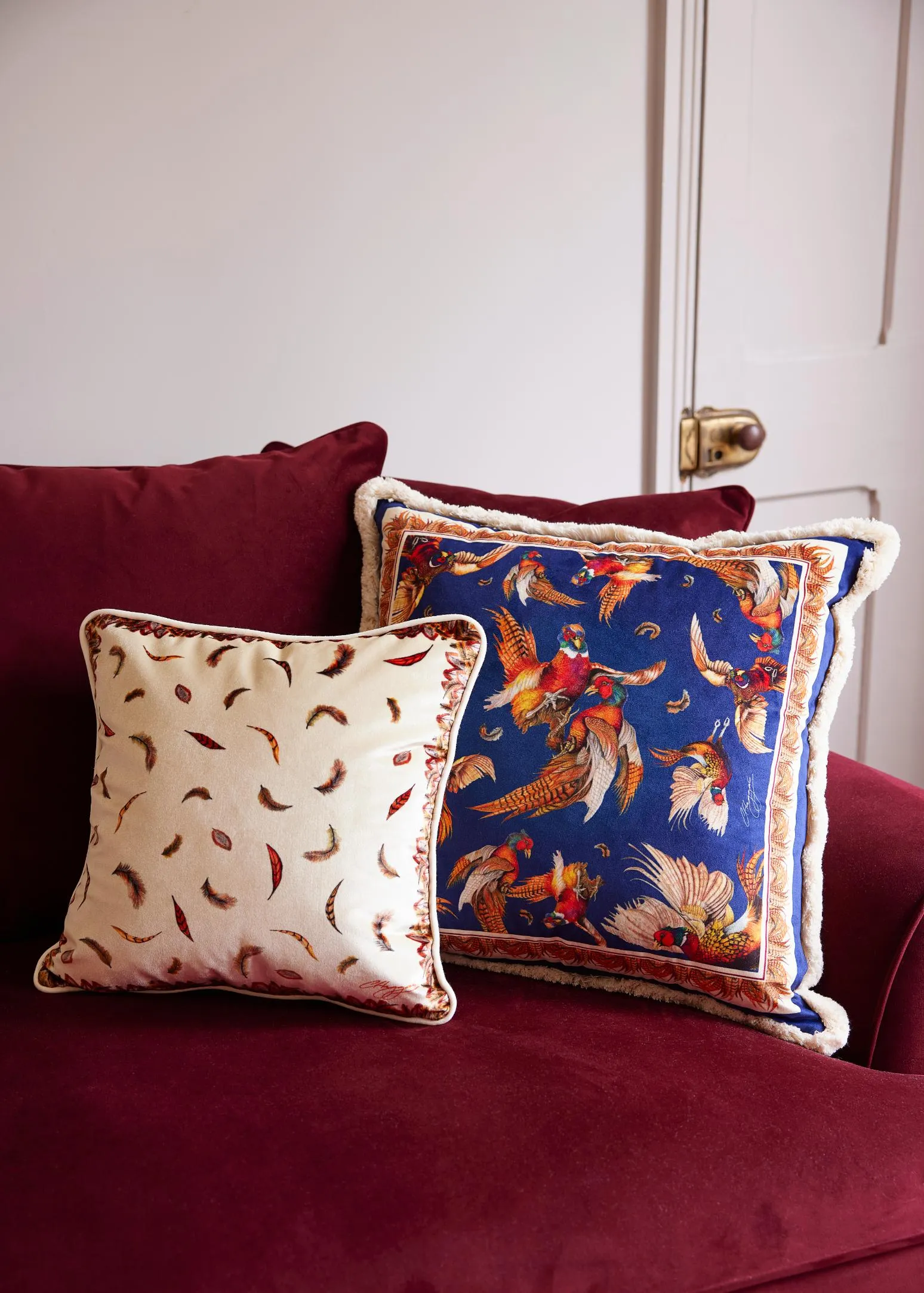 The Game Is Up Large Pheasant Fringed Plush Velvet Cushion in Navy Blue