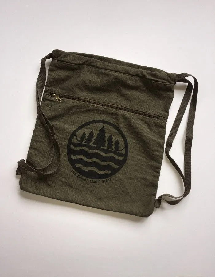 The Great Lakes State Canvas Cinch Bag - Military Green