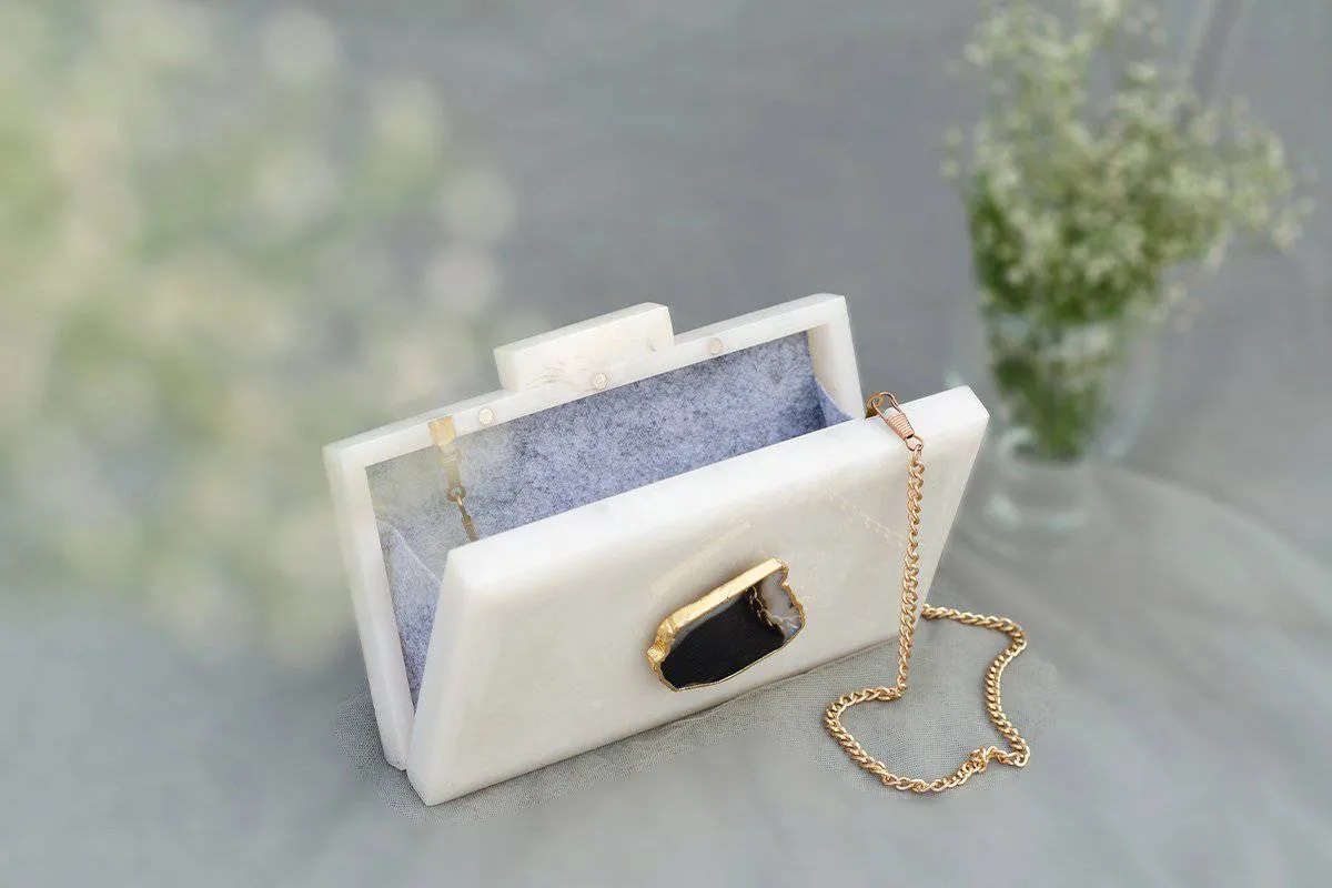 The  White Baroque Rectangular Clutch - Black Stone