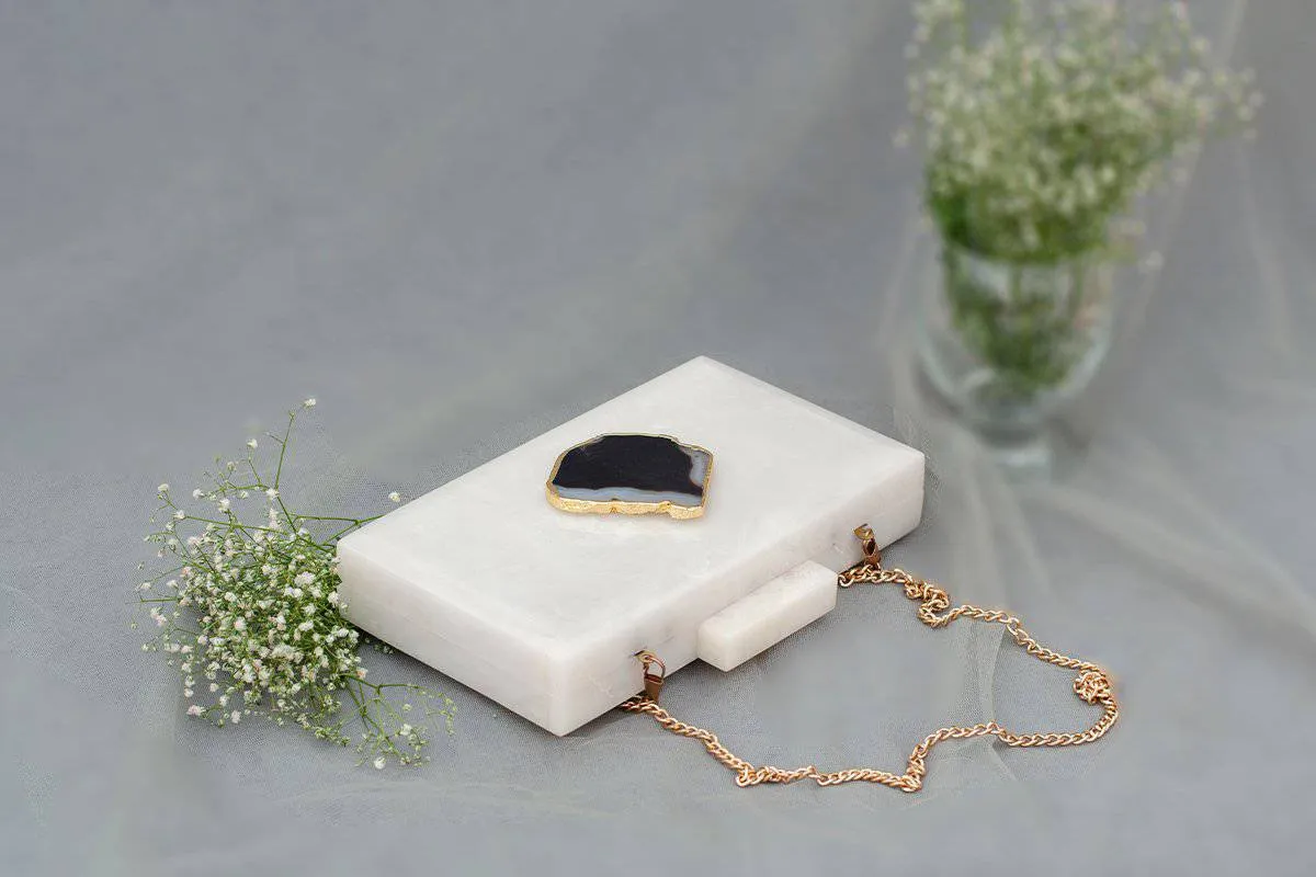 The  White Baroque Rectangular Clutch - Black Stone