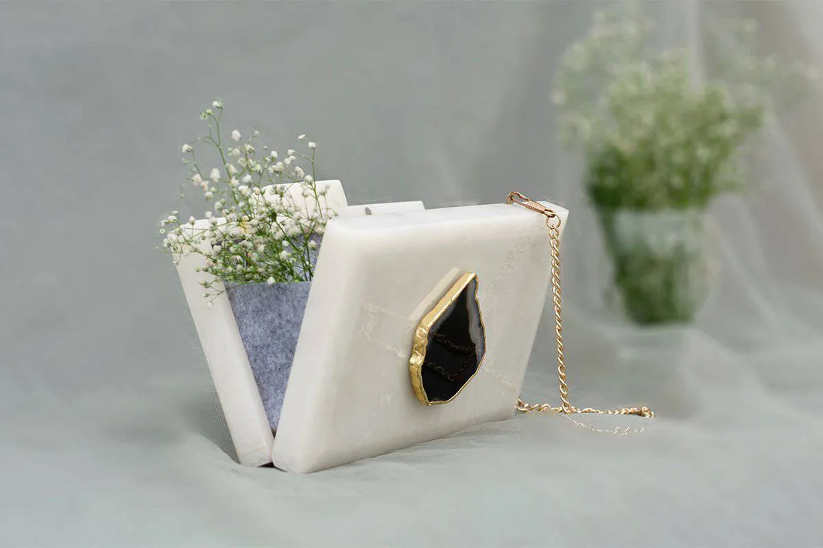 The  White Baroque Rectangular Clutch - Black Stone