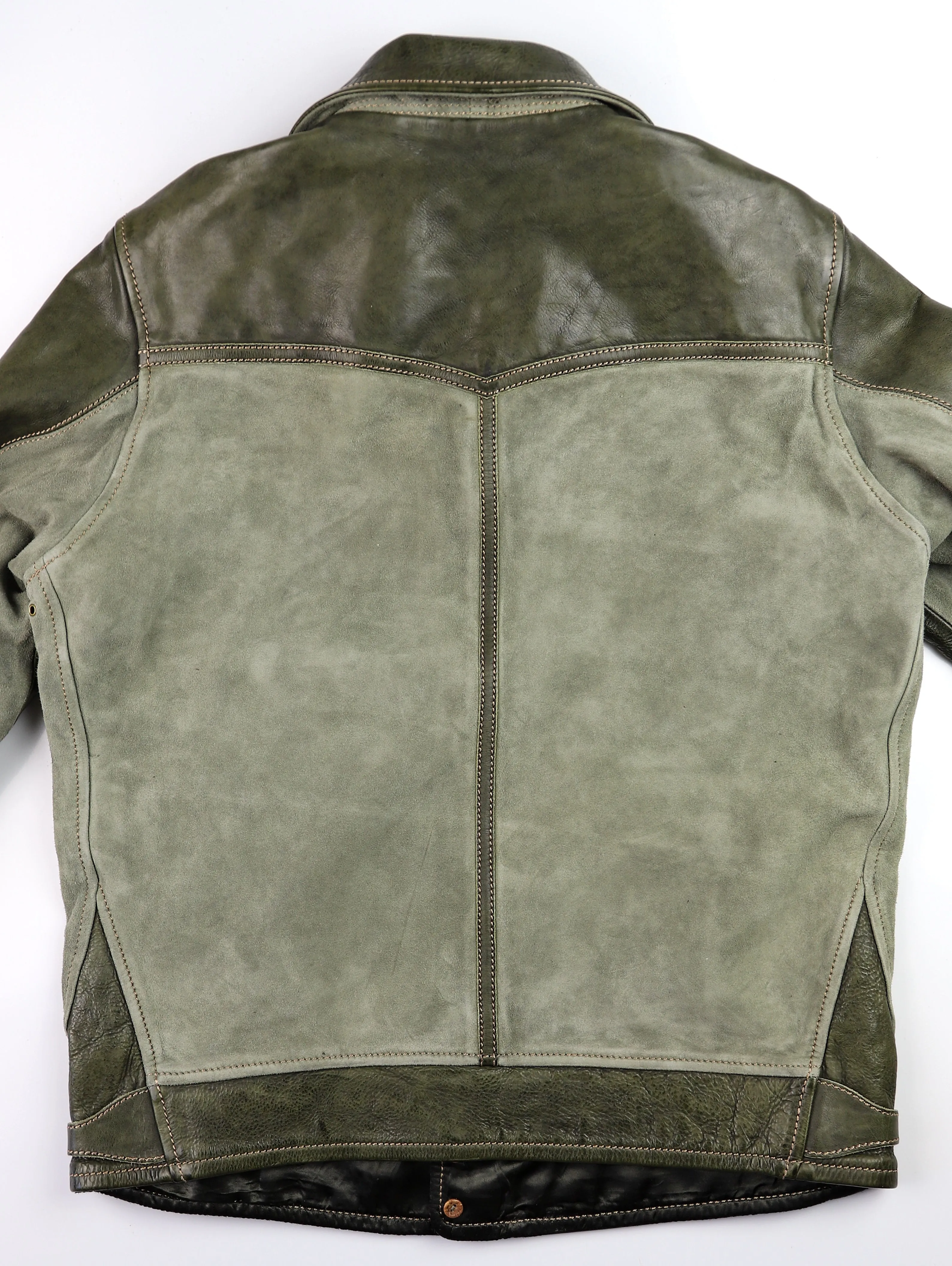 Thedi Niko Button-Up Jacket, size Medium, Green Goat Suede and Cowhide