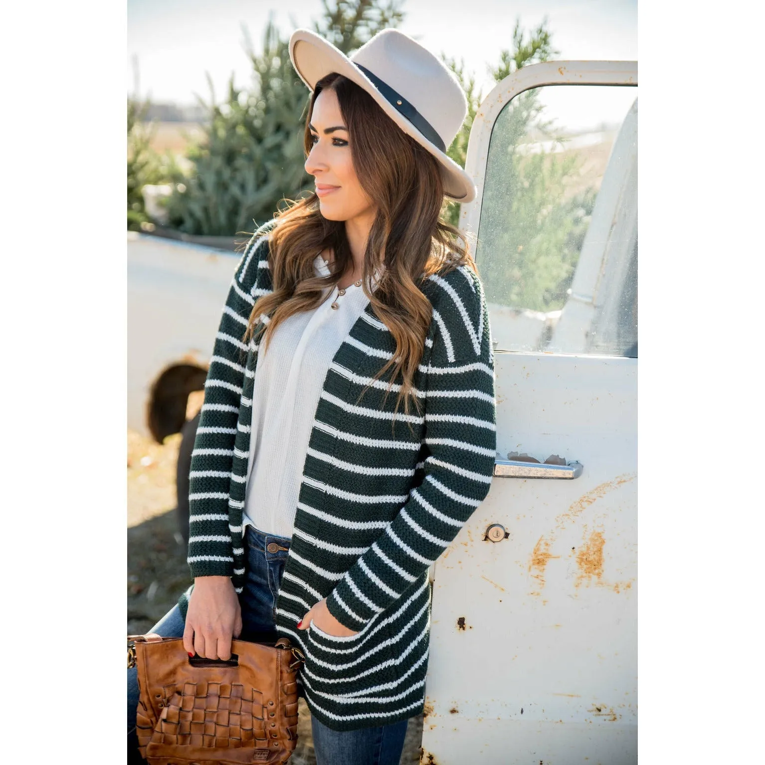 Thin Striped Knit Tunic Cardigan