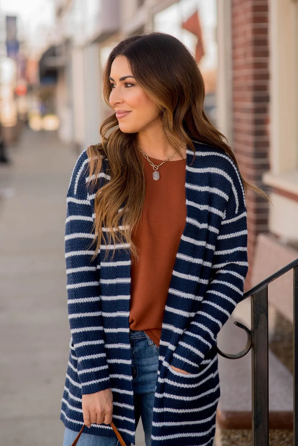 Thin Striped Knit Tunic Cardigan