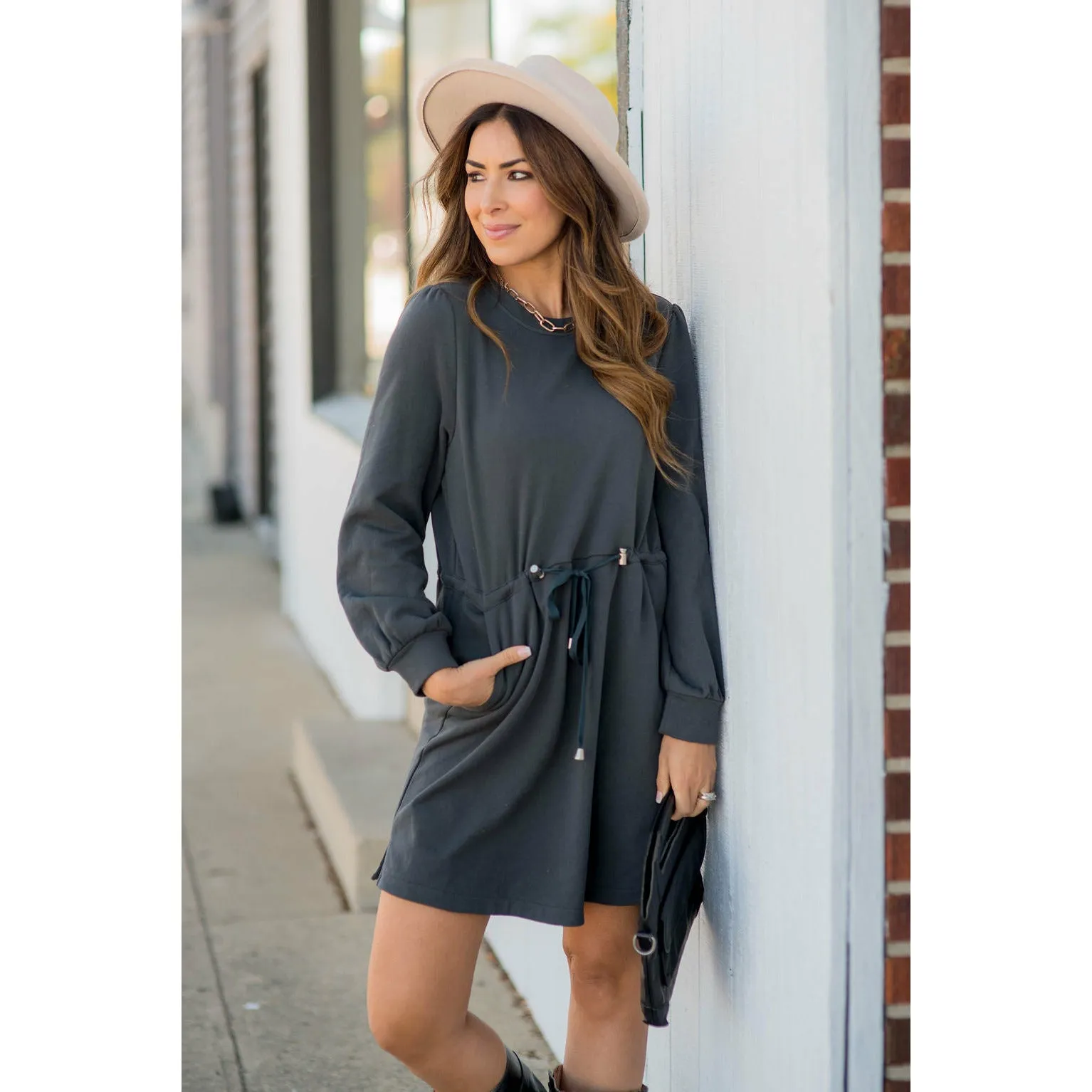 Tie Waist Pocket Sweatshirt Dress