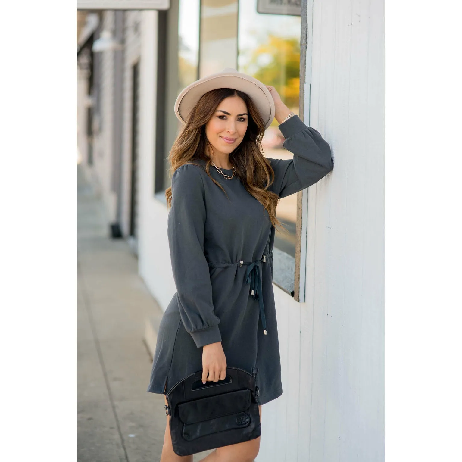 Tie Waist Pocket Sweatshirt Dress