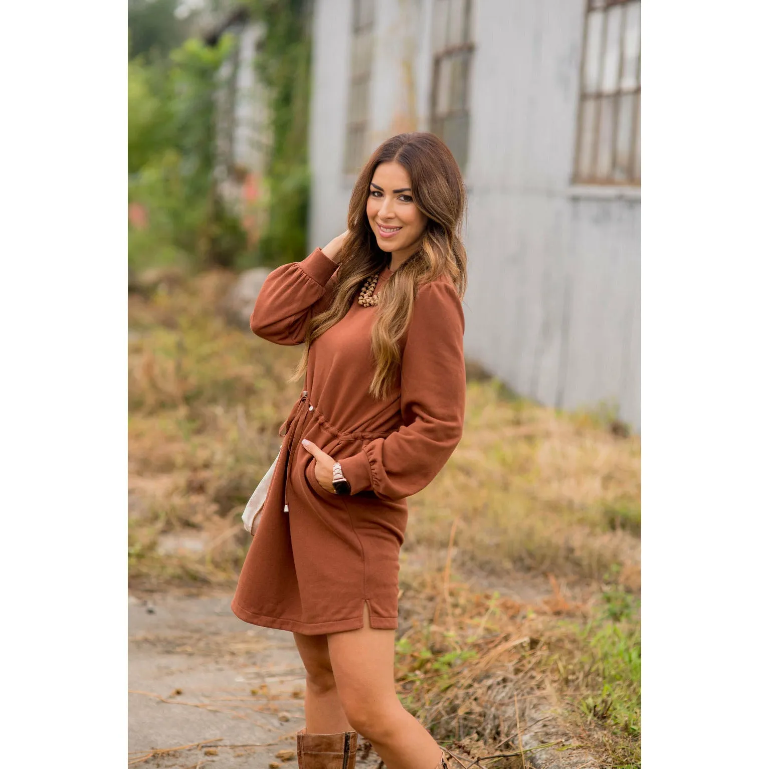 Tie Waist Pocket Sweatshirt Dress