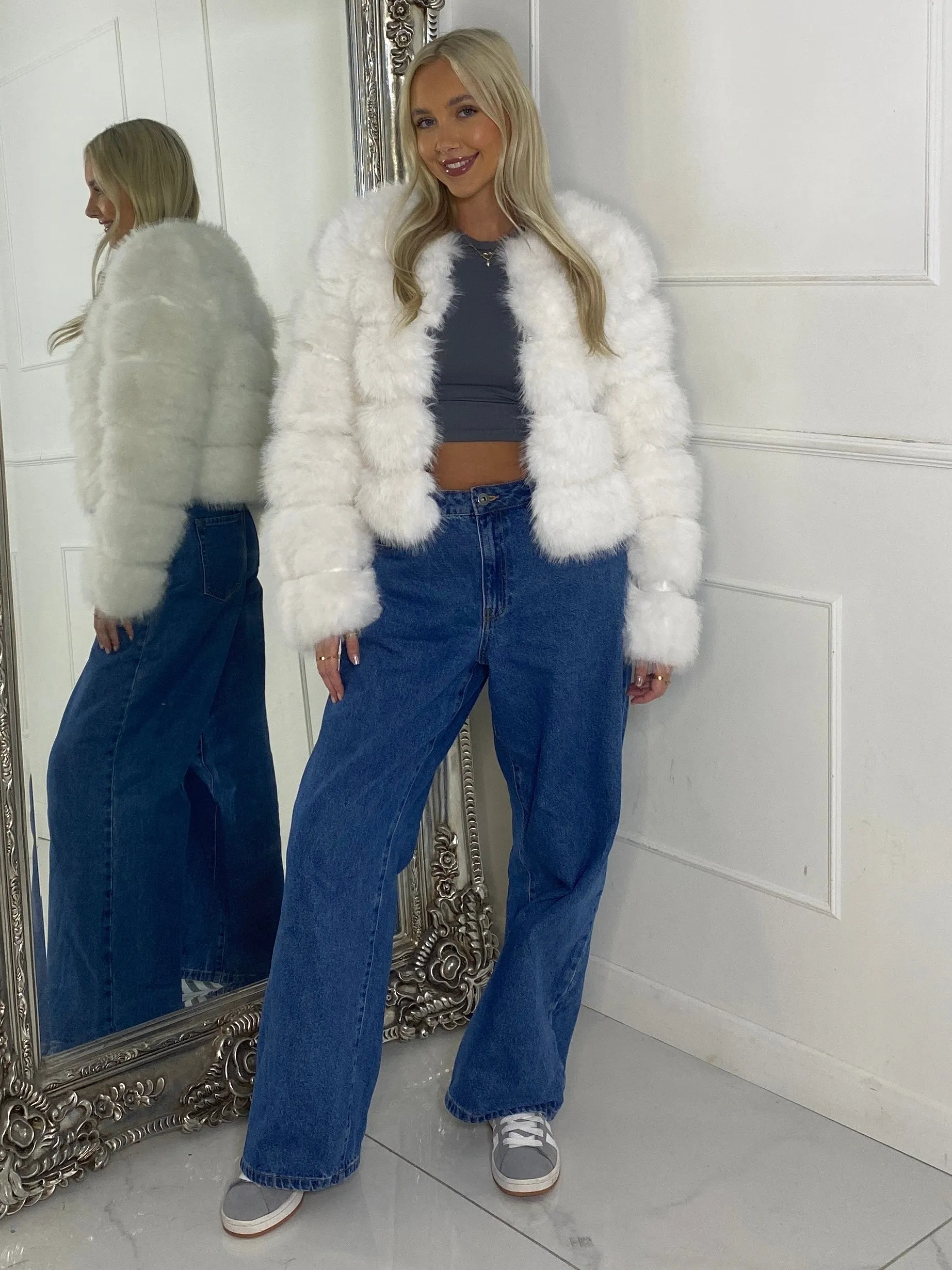 Tiered Faux Fur Jacket - White