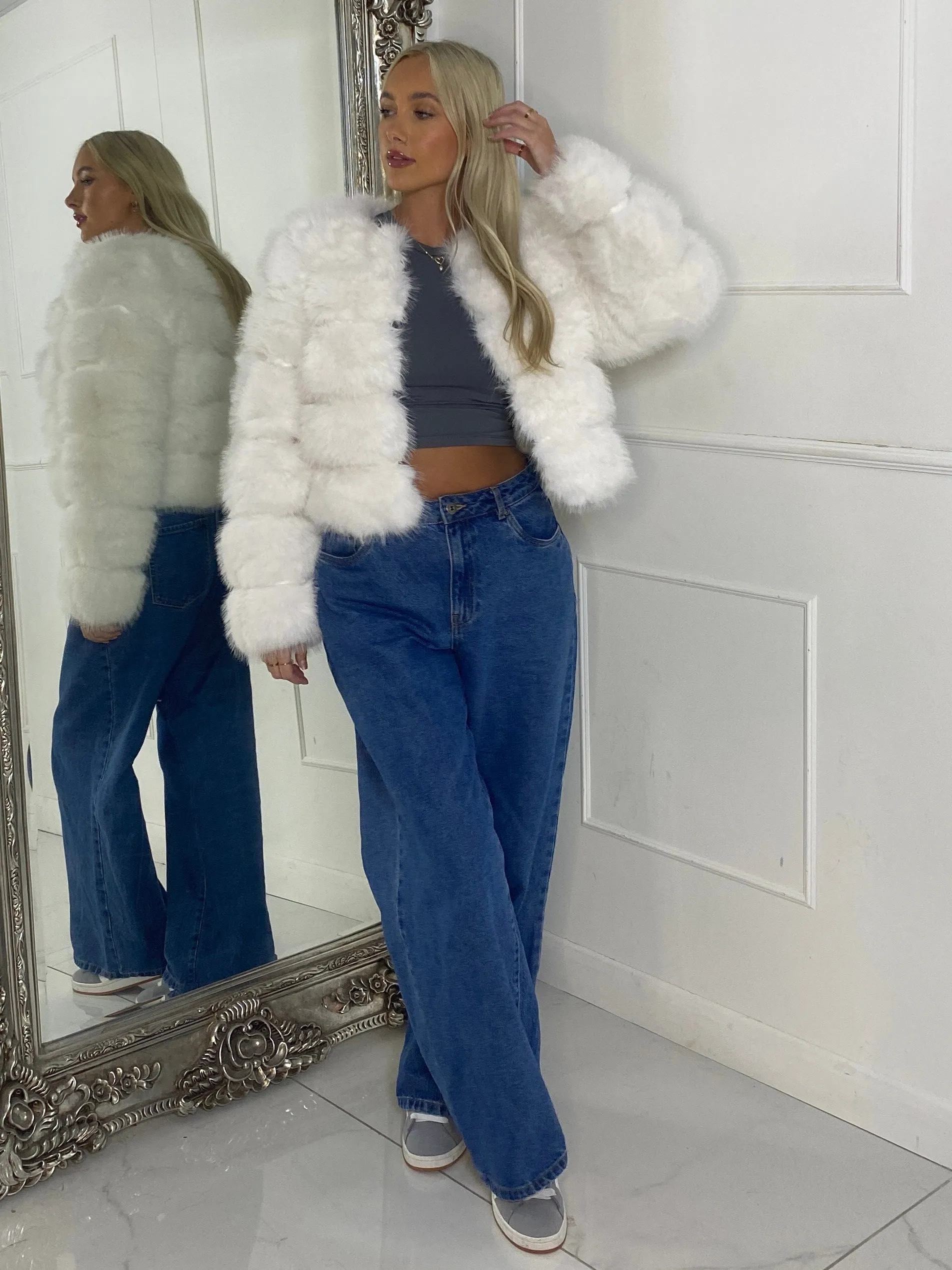 Tiered Faux Fur Jacket - White