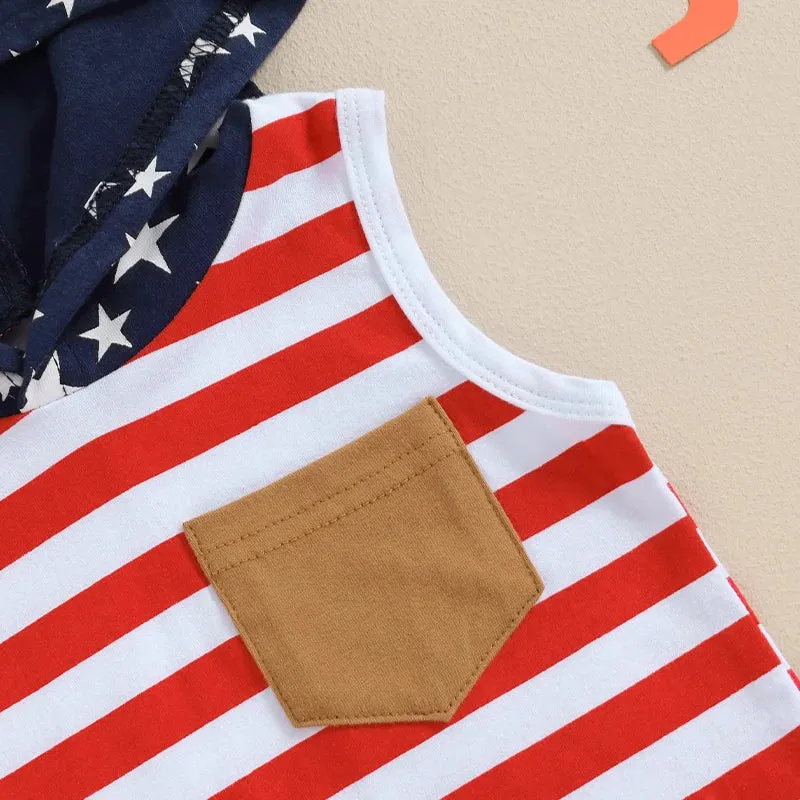 Toddler Boys Independence Day 4th Of July Outfits 2PCS Sleeveless Hooded Tops Shorts Kids