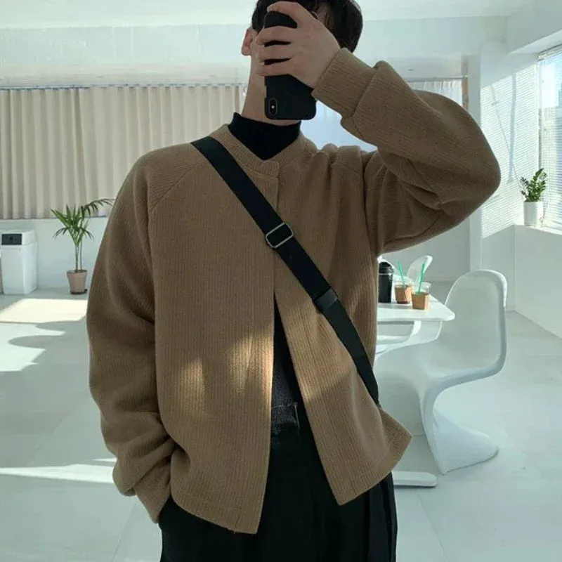 Toleet Y2K Street Style Cardigan Brown Crewneck Knit Sweater Male Coat Jacket Round Collar Black Men's Clothing Elegant Sweat-shirt Designer Luxury Mode