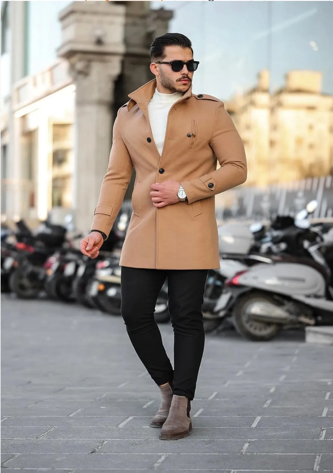 [Tommy] Beige Single-Breasted Pea Coat –100% Wool