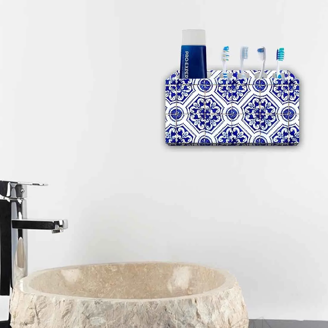 Toothbrush Holder Wall Mounted - Floral Spanish Tiles Design