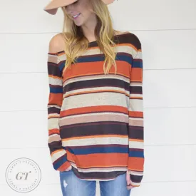 Transitional Off Shoulder Striped Top W/ Thumbholes