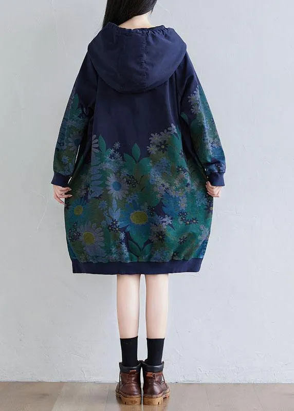 Trendy Navy Hooded Pockets Print Side Open Fall Sweatshirts Dress