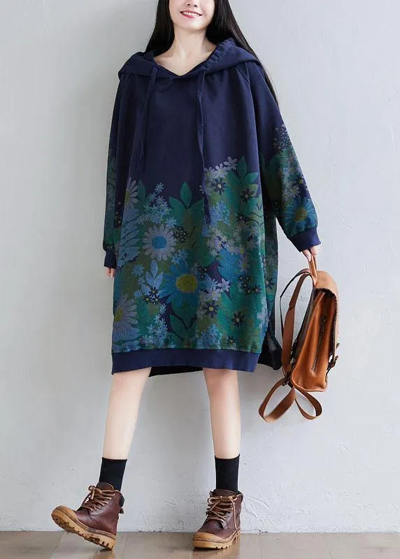 Trendy Navy Hooded Pockets Print Side Open Fall Sweatshirts Dress