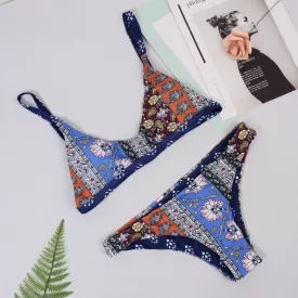 Trendy Patchwork Print Bralette Scoop Bikini Set